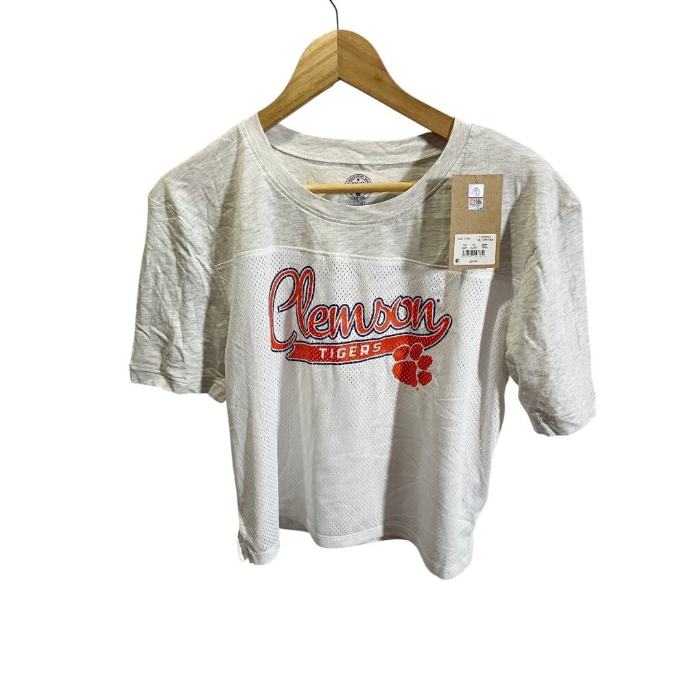 Clemson Tigers Womens Cropped T-Shirt‎ S Gray/White Athletic Mesh